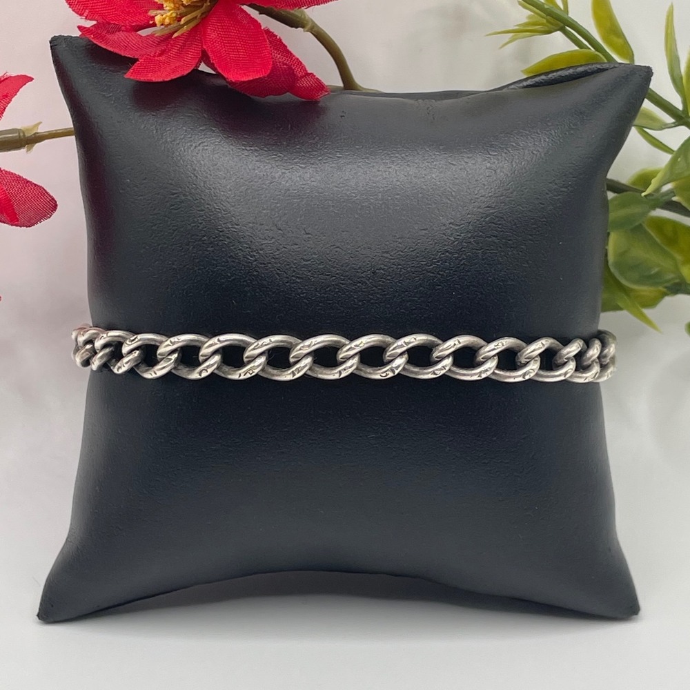 Sterling Silver 925 Etched Curb Link Chain Bracelet 8.5 Inch 6.6mm Vintage Style